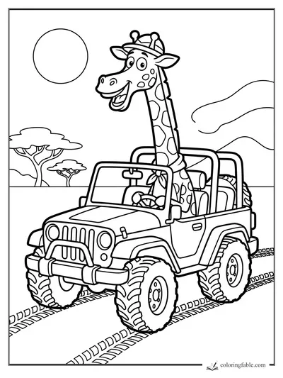 Smiling giraffe driving an open safari jeep with tire tracks, acacia trees, sun, and clouds.