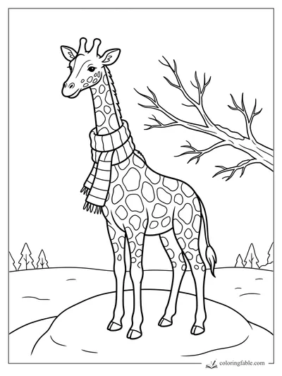 Giraffe wearing a striped scarf on a snowy hill beside bare tree branches