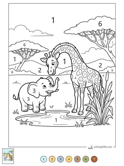 Giraffe Meets a Cheerful Elephant at the Pond — color by number