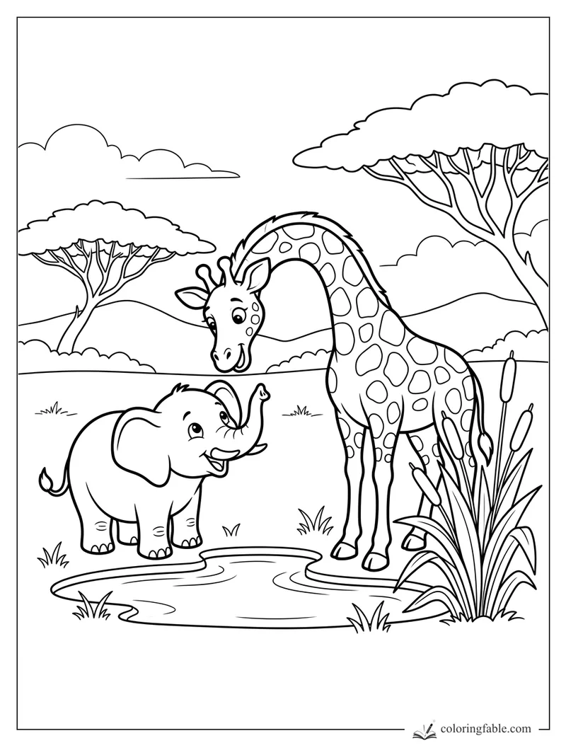 Cartoon giraffe bending toward a smiling baby elephant beside a pond, reeds, acacia trees, hills, and clouds.