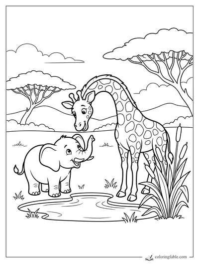 Cartoon giraffe bending toward a smiling baby elephant beside a pond, reeds, acacia trees, hills, and clouds.