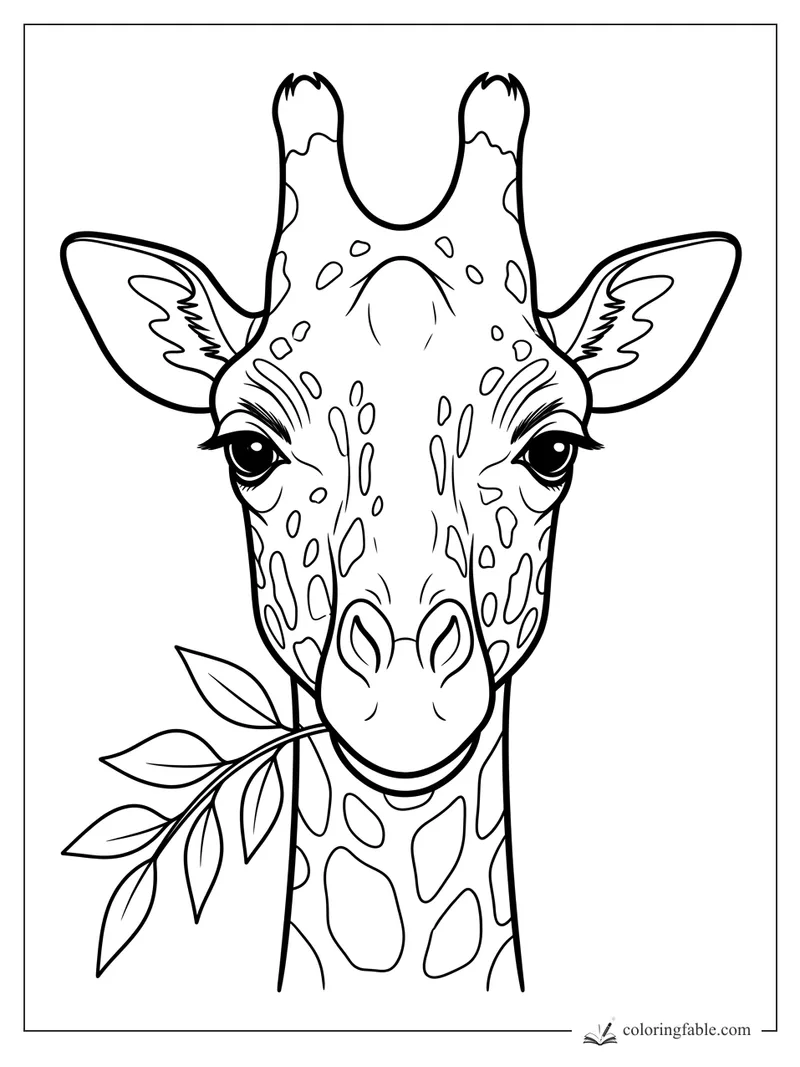 Realistic giraffe face with ossicones, large ears, spotted neck, and a leafy branch in its mouth.
