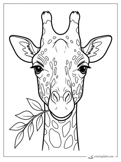 Realistic giraffe face with ossicones, large ears, spotted neck, and a leafy branch in its mouth.
