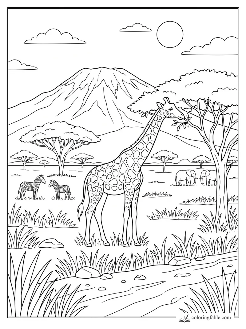 Giraffe eating acacia leaves with zebras, elephants, river, and mountain on a sunny savanna