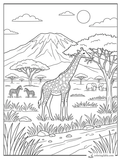 Giraffe eating acacia leaves with zebras, elephants, river, and mountain on a sunny savanna