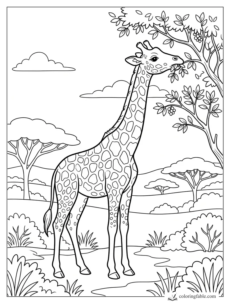 Giraffe eating leaves from a tree on the savanna with acacia trees, bushes, clouds, and rolling hills