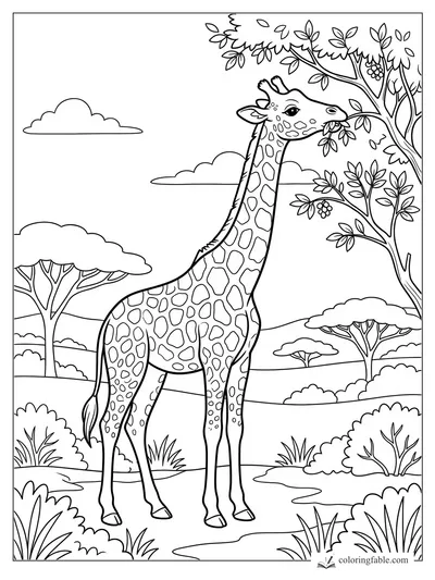 Giraffe eating leaves from a tree on the savanna with acacia trees, bushes, clouds, and rolling hills