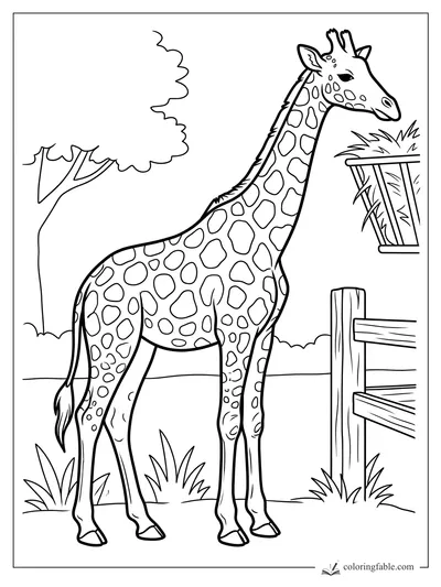Giraffe with patterned spots stretching toward a hay rack beside a fence and tree