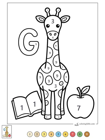 Giraffe with Letter G, Book, and Apple — color by number