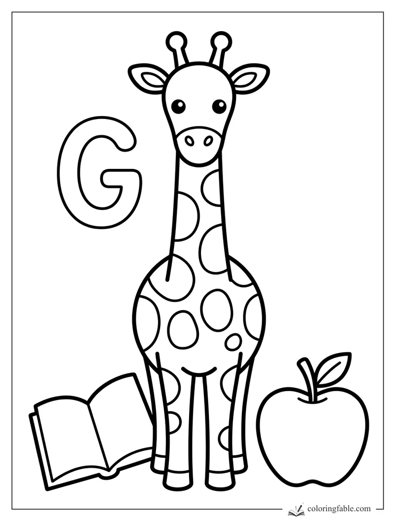 Easy giraffe coloring page with a big letter G, open book, and apple.