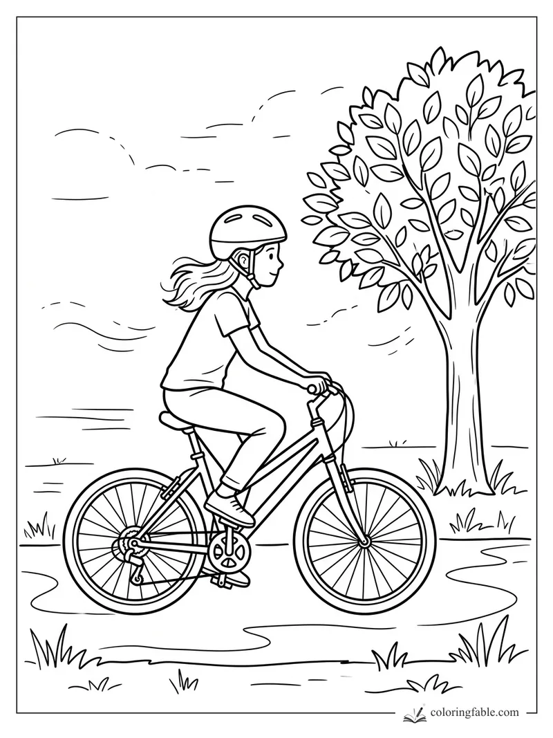 Girl wearing a helmet rides a bicycle past a leafy tree on a winding park path.