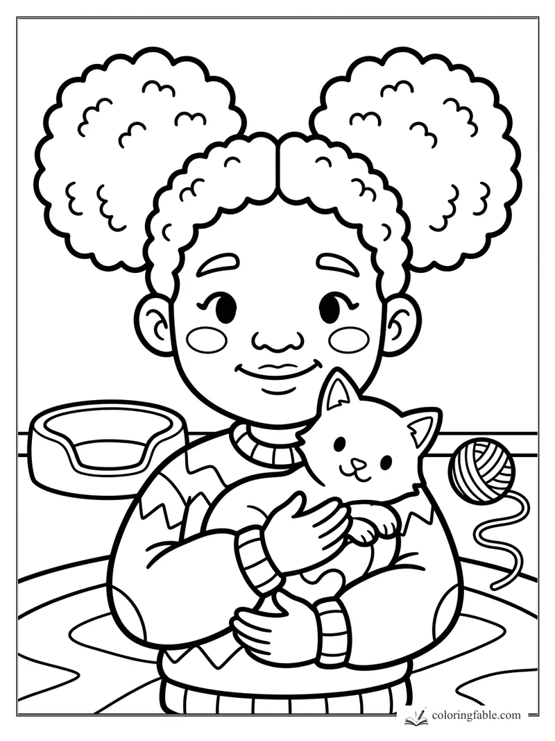 Cartoon girl with puff ponytails holding a kitten, with a pet bed and ball of yarn behind her.