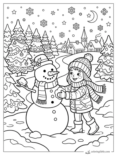 Girl in winter hat decorating a snowman beside Christmas trees, snowflakes, stars, moon, and village houses