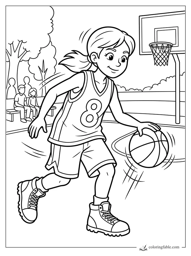 Cartoon girl in jersey 8 dribbling a basketball on an outdoor court with hoop and bench spectators