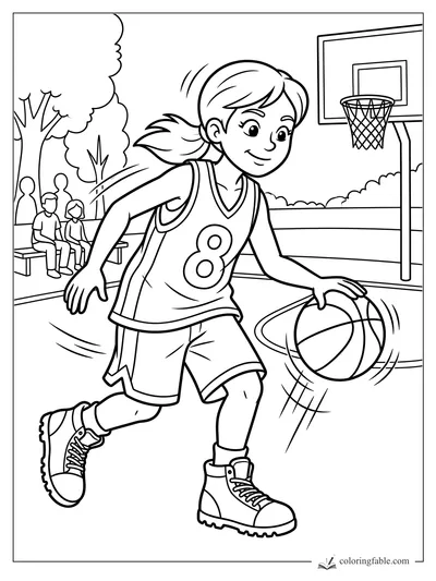 Cartoon girl in jersey 8 dribbling a basketball on an outdoor court with hoop and bench spectators