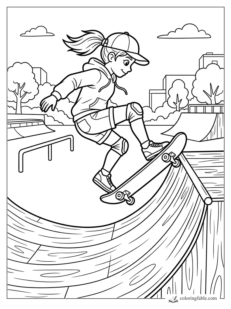 Girl in cap and knee pads skateboarding into a wooden ramp at a city skatepark.
