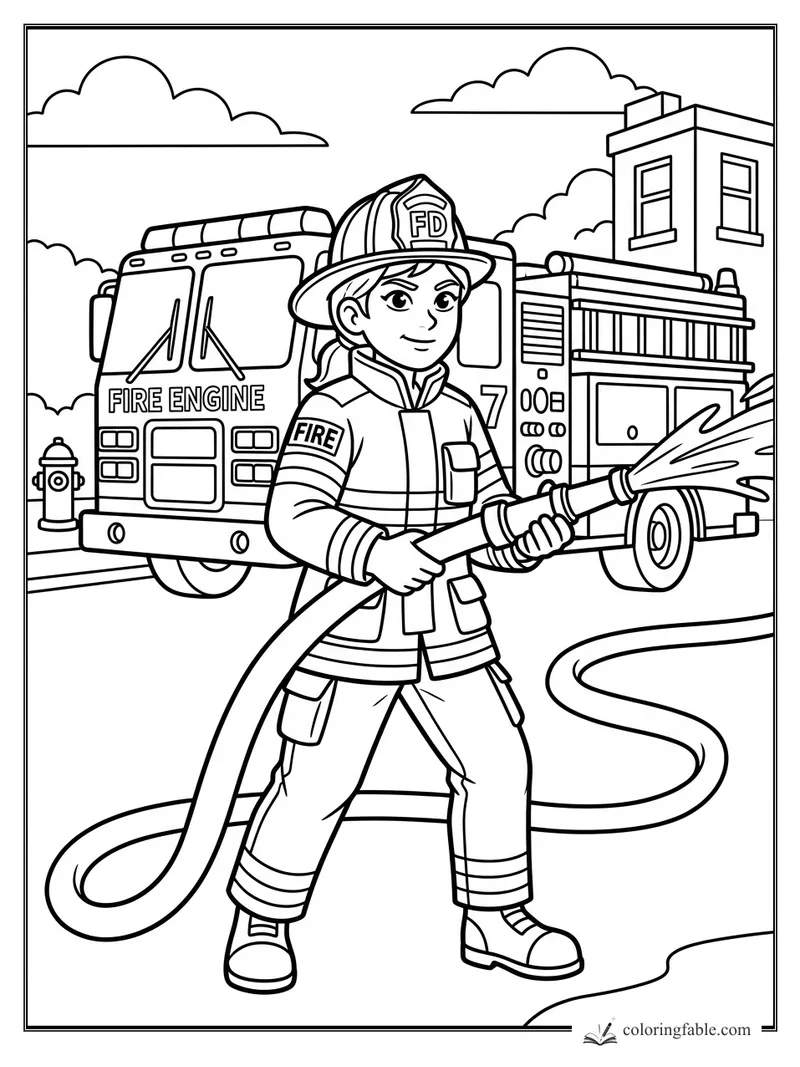 Girl firefighter holding a spraying hose beside a fire engine, hydrant, and city building