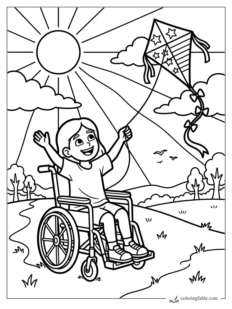 Girl in a wheelchair flying a star-covered kite under a bright sun in a park
