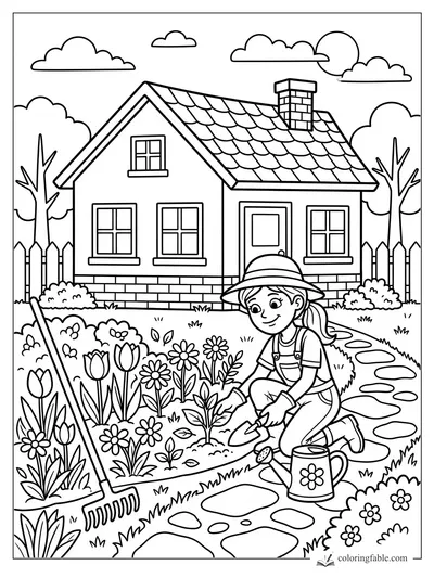 Cartoon girl kneeling with trowel in a flower garden beside a cozy house, rake, watering can, and path.