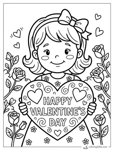 Smiling girl with bow holding a Happy Valentine’s Day heart, surrounded by roses and floating hearts.