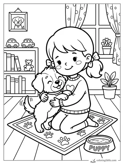 Cartoon girl hugging a puppy on a paw-print rug beside books, toy cars, plants, and a puppy bowl.