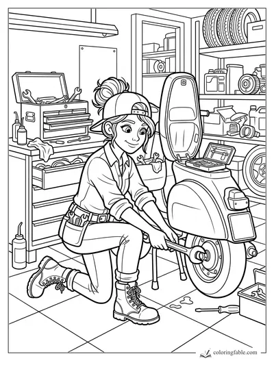 Cartoon girl mechanic kneels in a busy garage, tightening a scooter wheel with a wrench.
