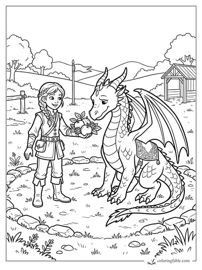 Girl offers a basket of apples and berries to a friendly saddled dragon in a meadow.