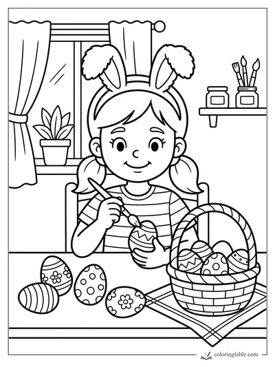 Girl in bunny ears painting Easter eggs beside a basket, window curtains, plant, and paintbrush shelf.