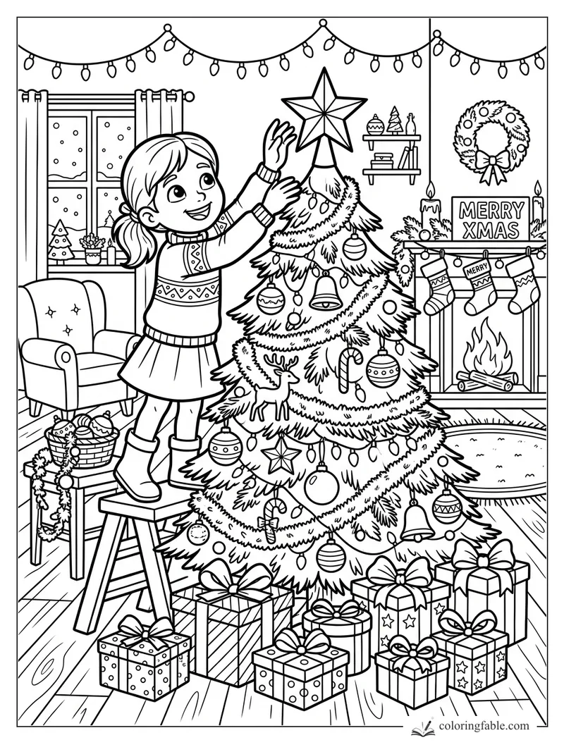 Girl on a stool placing a star atop a decorated Christmas tree by a fireplace and presents