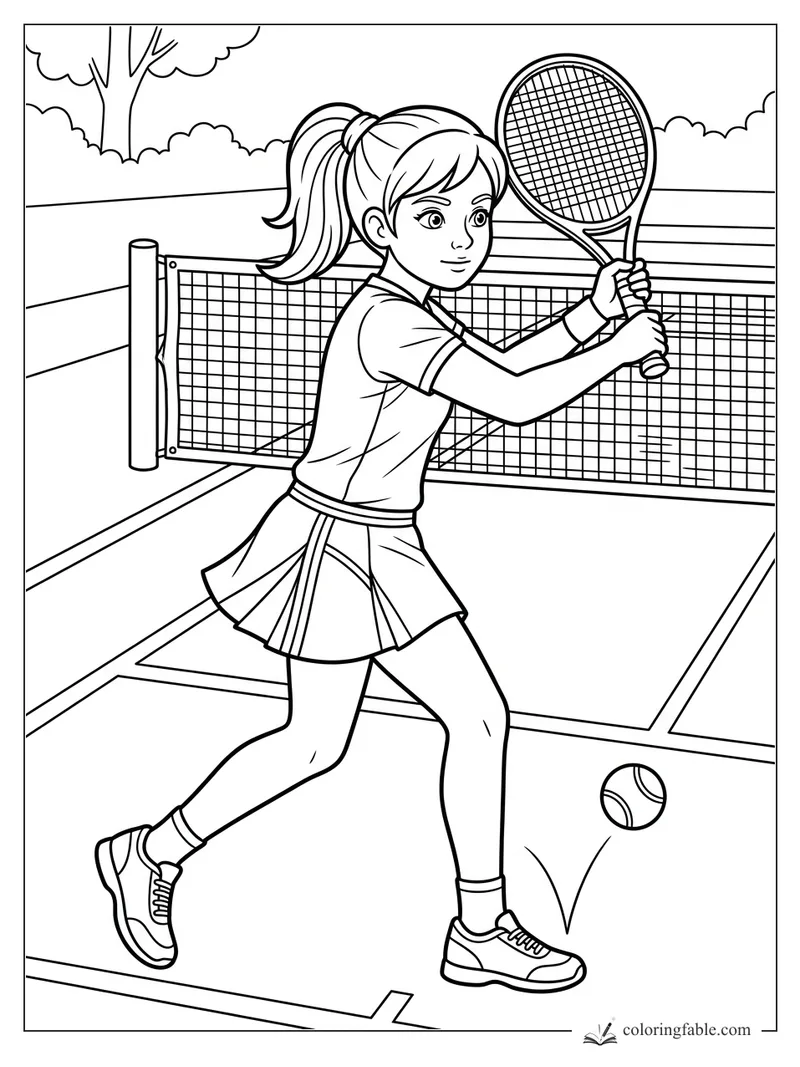 Girl on a tennis court holding a racket as a ball bounces near the net.