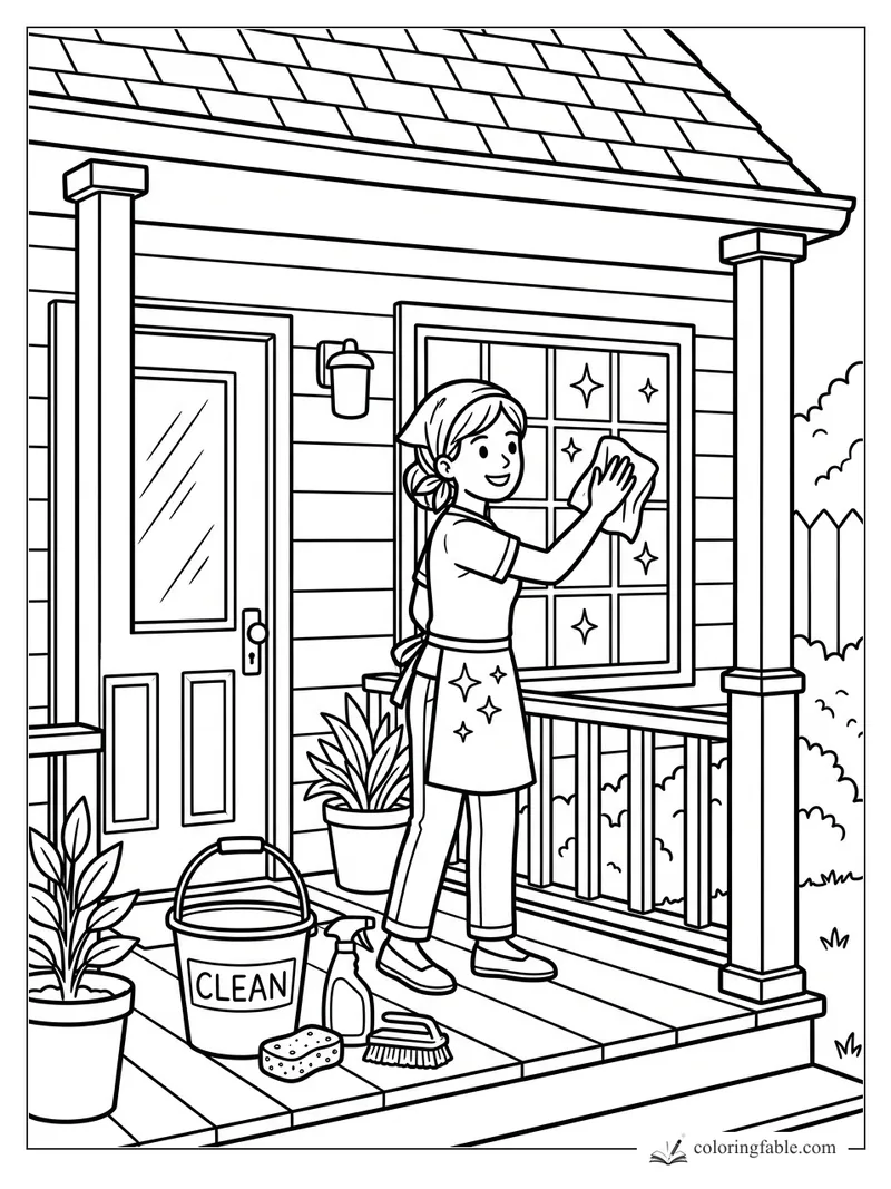 Girl cleaning a porch window with bucket, sponge, brush, plants, columns, and sparkling panes