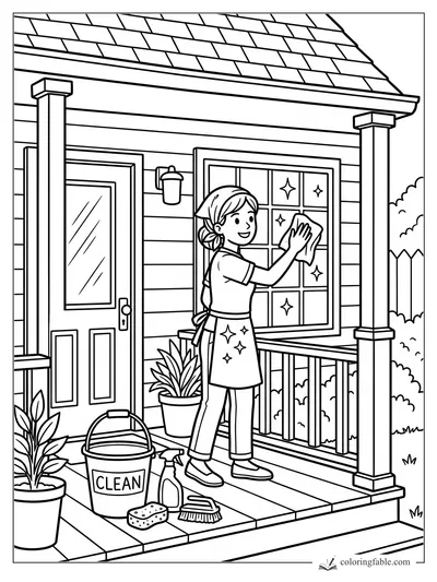 Girl cleaning a porch window with bucket, sponge, brush, plants, columns, and sparkling panes