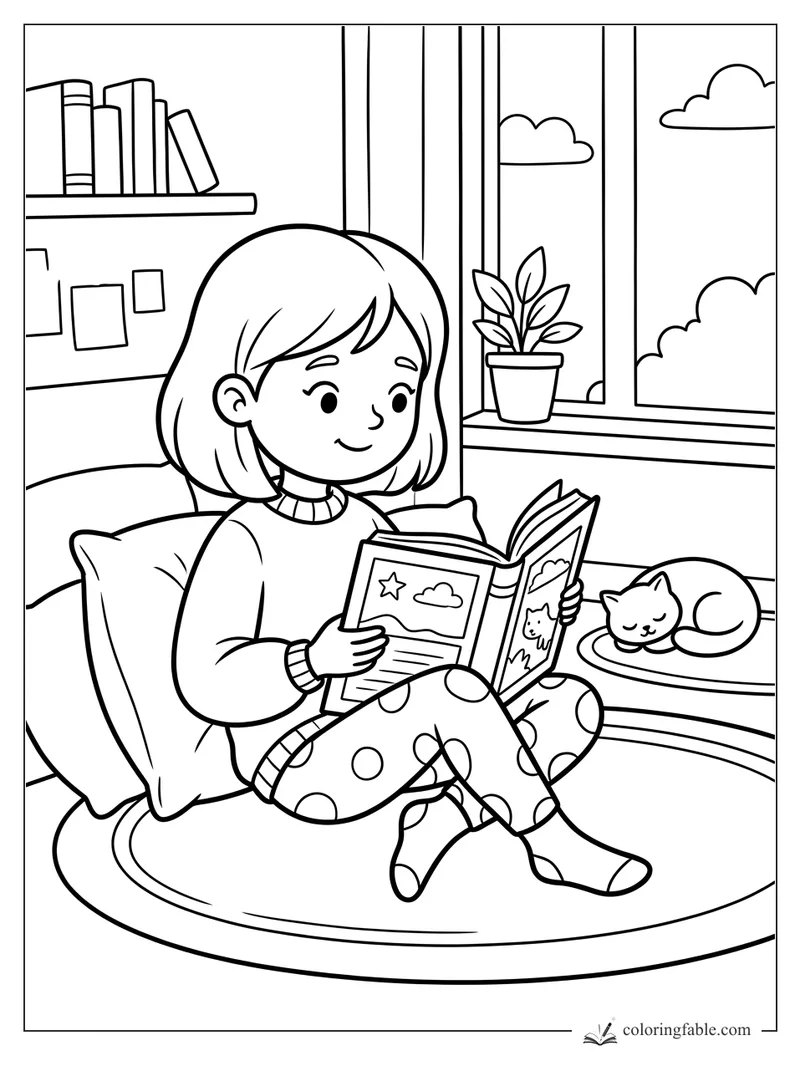 Girl in polka-dot pants reading on cushions by a window while a cat sleeps beside her.