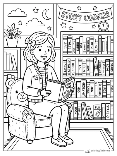 Girl reading Story Time in a bear chair beside bookcases, stars, clock, plant, moon, and Story Corner banner.