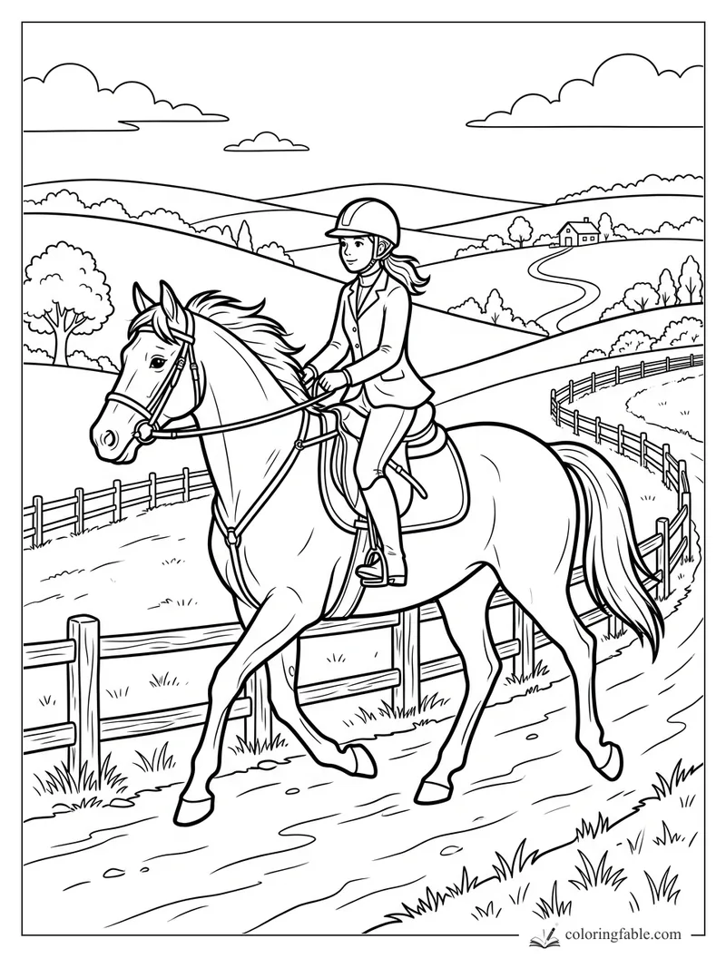 Girl in riding helmet on a horse along a fenced country path with hills, trees, clouds, and a farmhouse