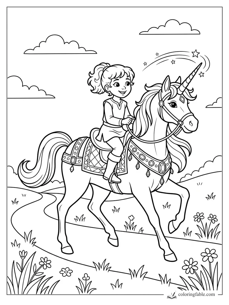 Girl riding a jeweled unicorn on a winding meadow path beneath clouds and shooting stars