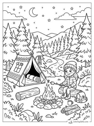 Cartoon girl roasting marshmallows by a campfire near a tent, pine trees, mountains, moon, and stars.