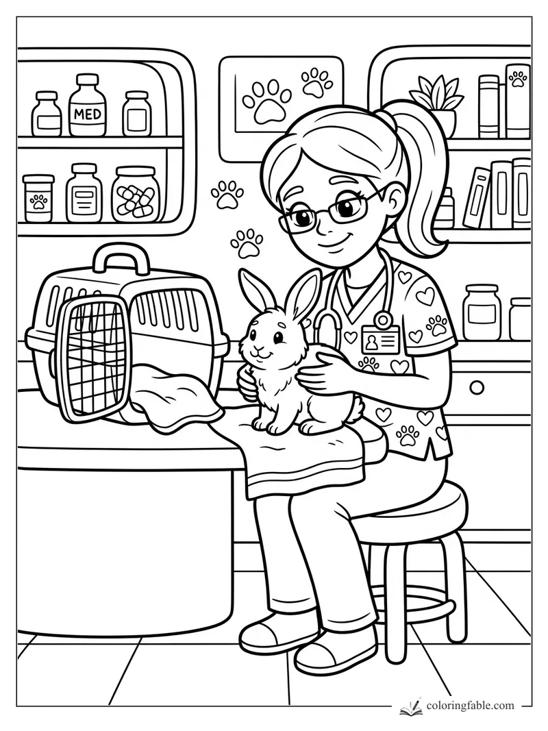 Cartoon girl veterinarian holding a bunny beside a pet carrier, medicine shelves, books, and paw-print decor.