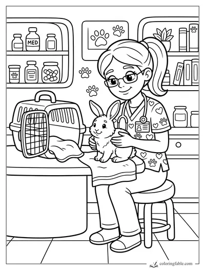 Cartoon girl veterinarian holding a bunny beside a pet carrier, medicine shelves, books, and paw-print decor.