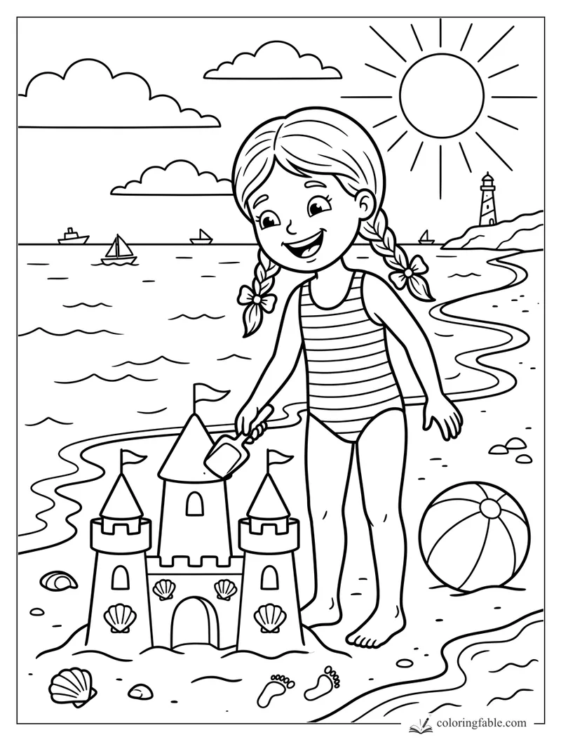 Girl with braided pigtails waters a sandcastle on a sunny beach with sailboats, lighthouse, shells, and beach ball.