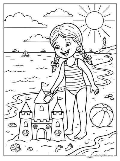 Girl with braided pigtails waters a sandcastle on a sunny beach with sailboats, lighthouse, shells, and beach ball.