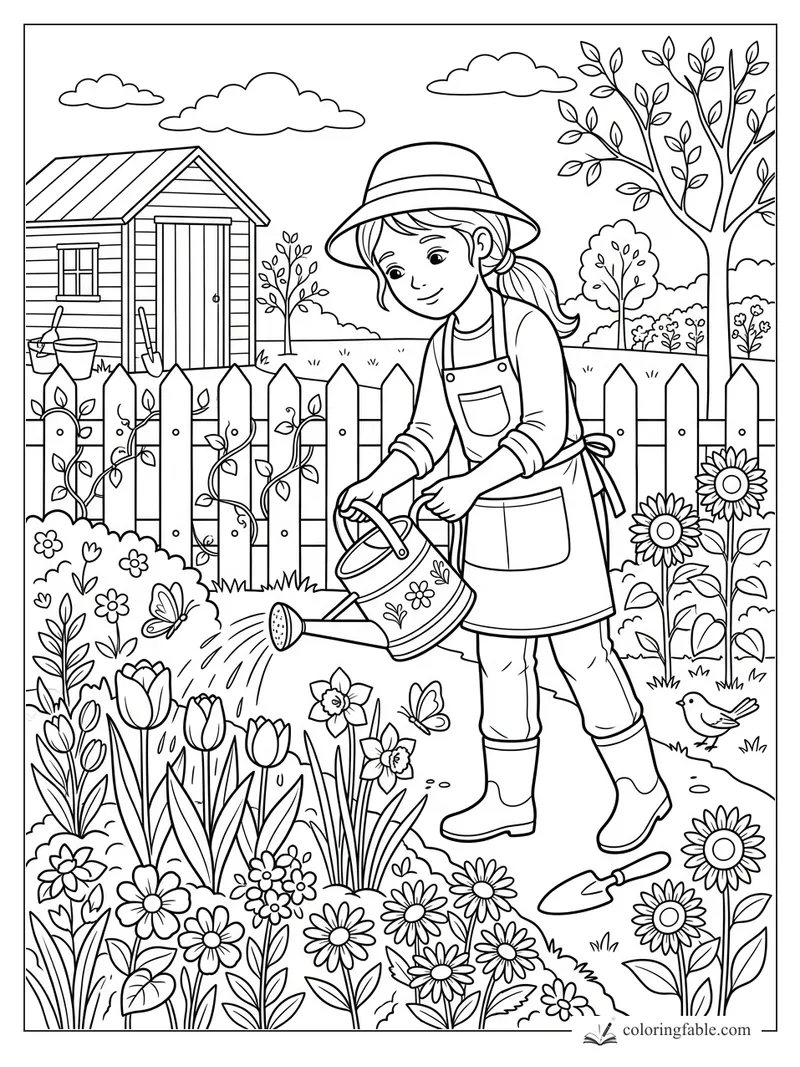 Girl in a sun hat waters tulips beside a picket fence, shed, butterflies, bird, and garden flowers.