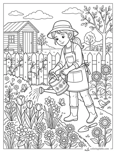 Girl in a sun hat waters tulips beside a picket fence, shed, butterflies, bird, and garden flowers.