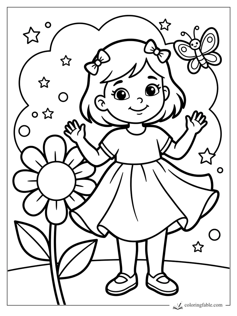 Smiling girl with hair bows waves beside a giant flower, butterfly, stars, and bubbles.