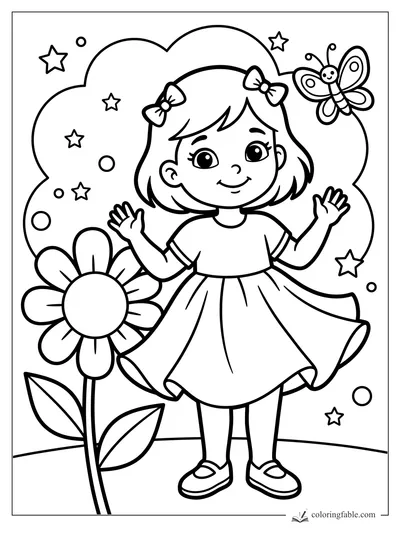 Smiling girl with hair bows waves beside a giant flower, butterfly, stars, and bubbles.