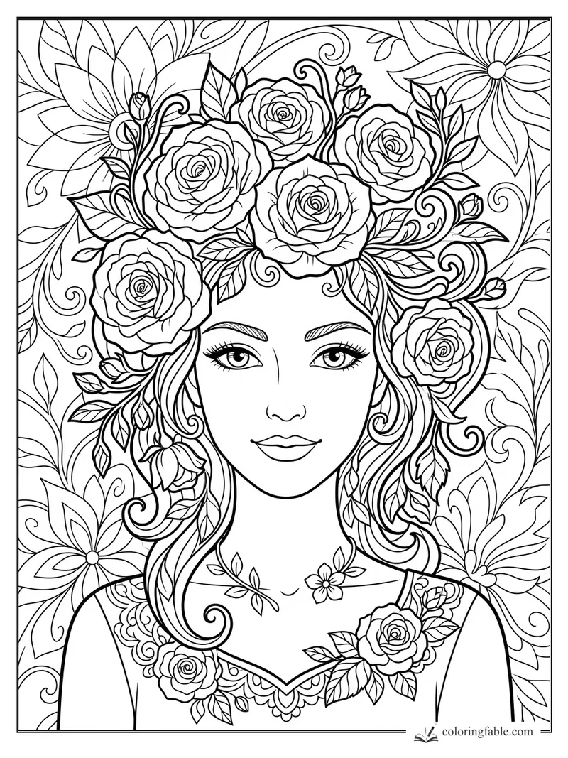 Intricate floral girl portrait with rose crown, curling hair, leaves, vines, and large background blossoms.