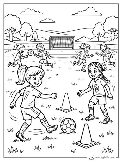 Cartoon girls playing soccer around cones with a goal, trees, hills, and clouds in the background.