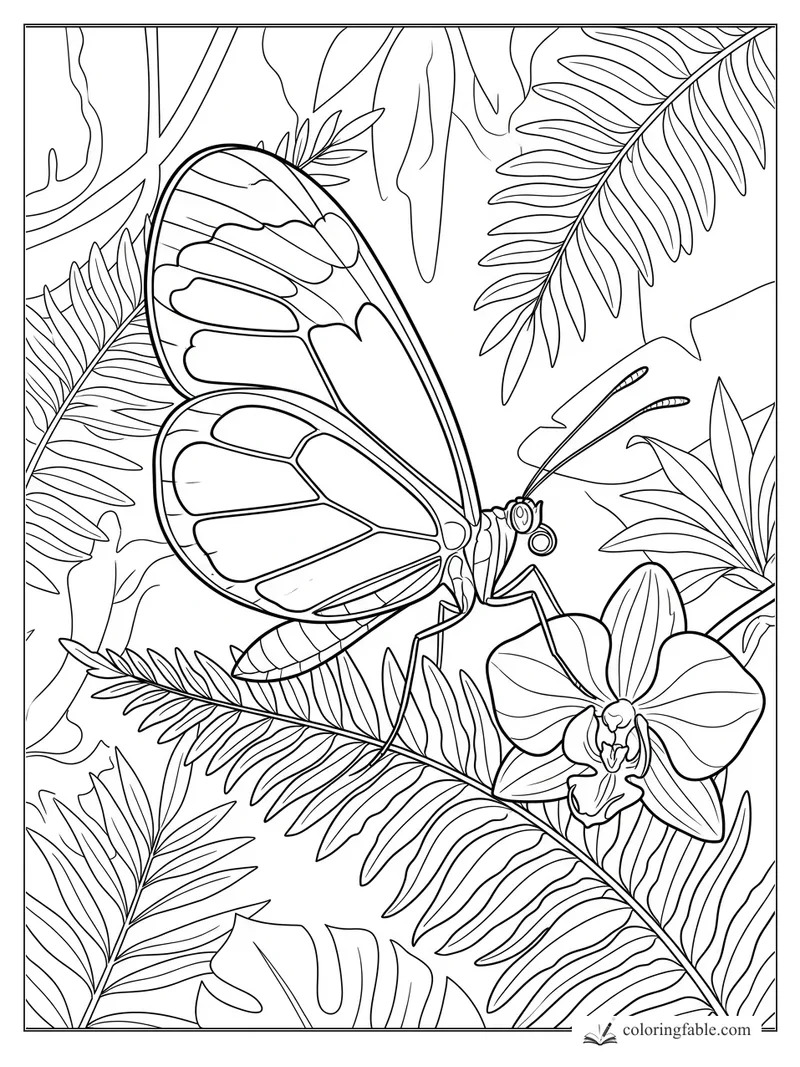 Realistic glasswing butterfly perched beside an orchid, surrounded by fern fronds and tropical leaves.