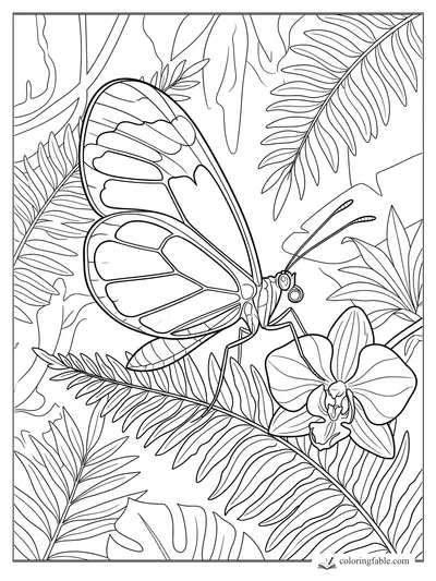 Realistic glasswing butterfly perched beside an orchid, surrounded by fern fronds and tropical leaves.
