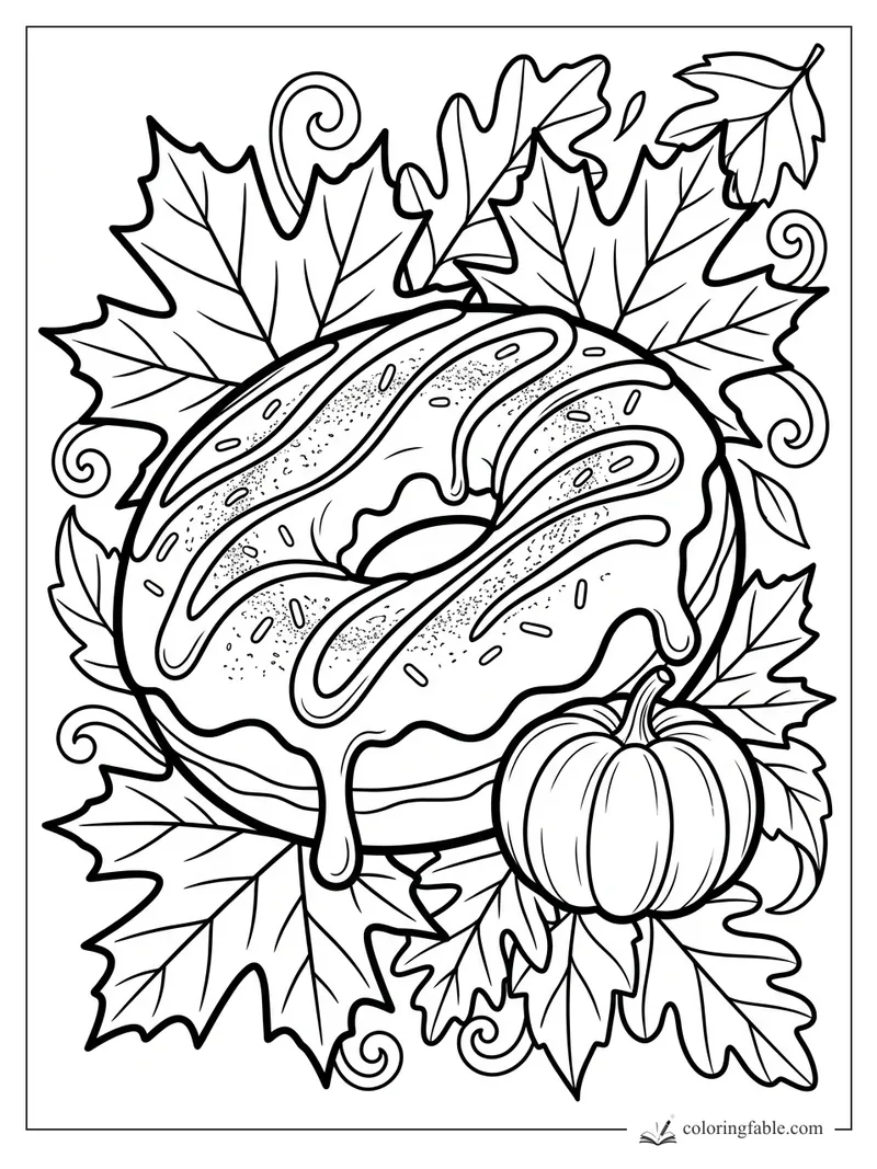 Large glazed donut with sprinkles, maple leaves, curling vines, and a small pumpkin coloring page